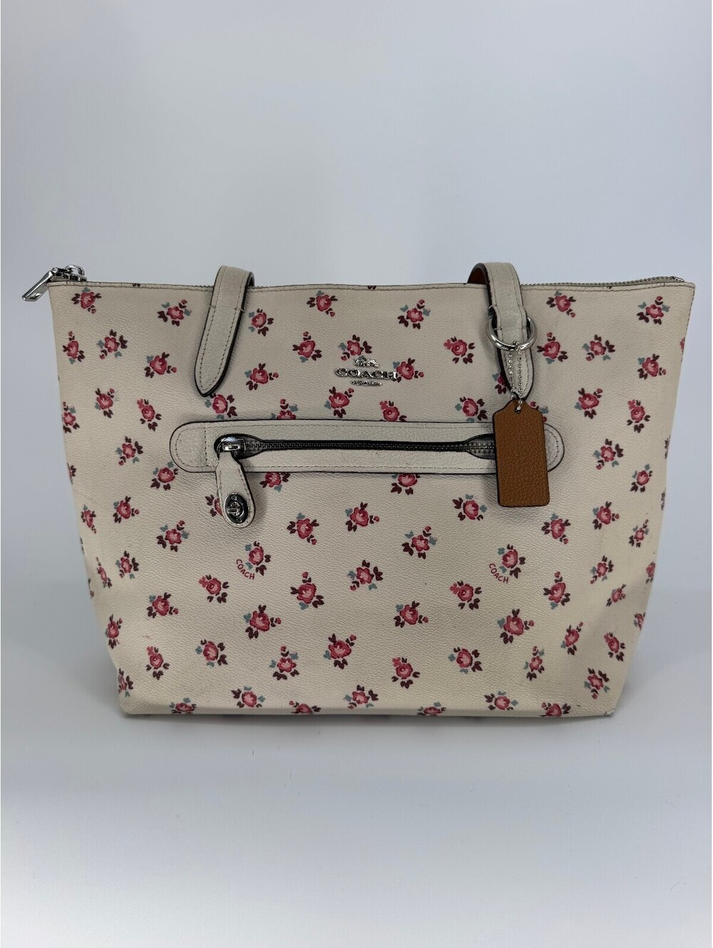 Coach Floral Print Tote Bag in Cream with Pink Roses